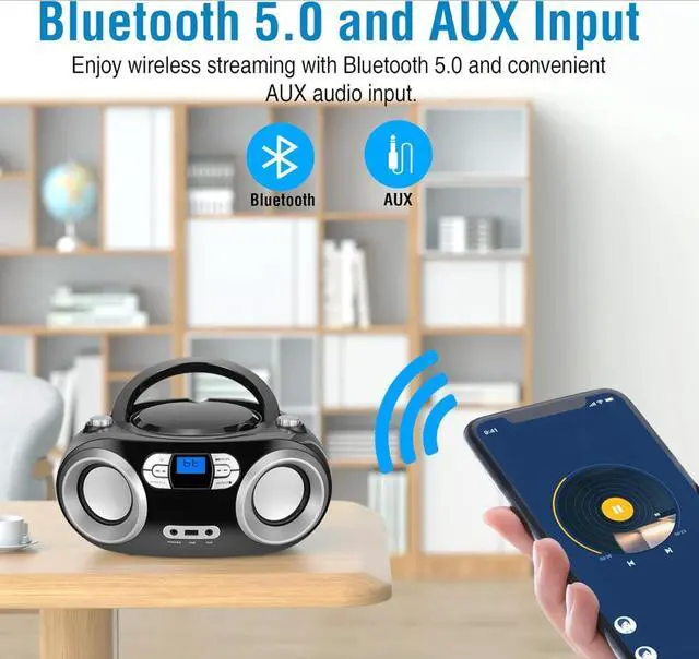 Alt view image 4 of 7 - FOR-Portable CD Player Boombox with FM Radio, Bluetooth, USB Port, AUX Input, and Headphone Jack  CD-R/CD-RW/MP3-CD Compatible, Clear Stereo Sound, Backlit LCD Display  Black