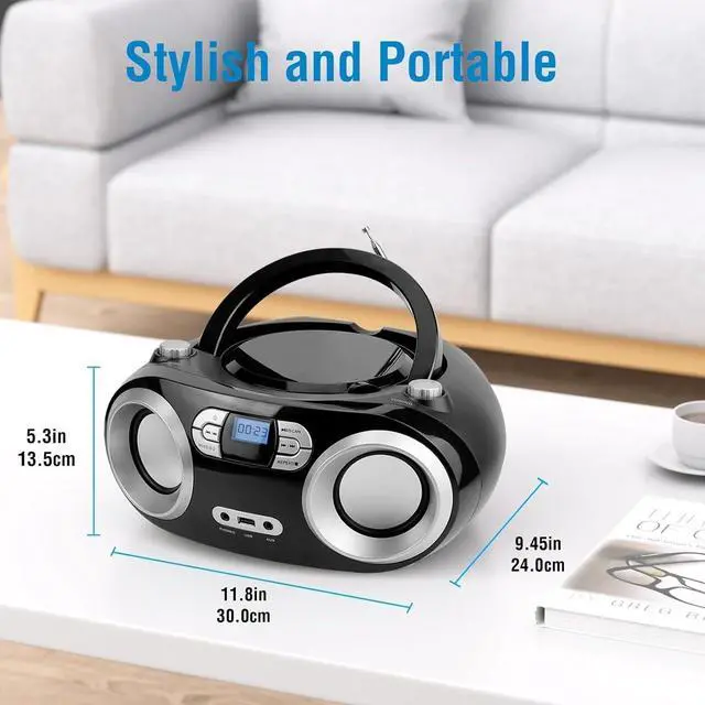 Alt view image 5 of 7 - FOR-Portable CD Player Boombox with FM Radio, Bluetooth, USB Port, AUX Input, and Headphone Jack  CD-R/CD-RW/MP3-CD Compatible, Clear Stereo Sound, Backlit LCD Display  Black