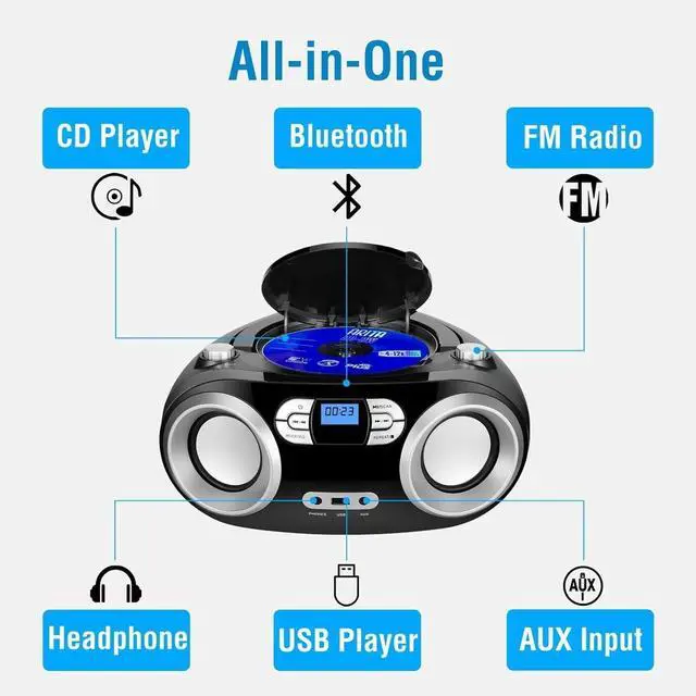 Alt view image 2 of 7 - FOR-Portable CD Player Boombox with FM Radio, Bluetooth, USB Port, AUX Input, and Headphone Jack  CD-R/CD-RW/MP3-CD Compatible, Clear Stereo Sound, Backlit LCD Display  Black