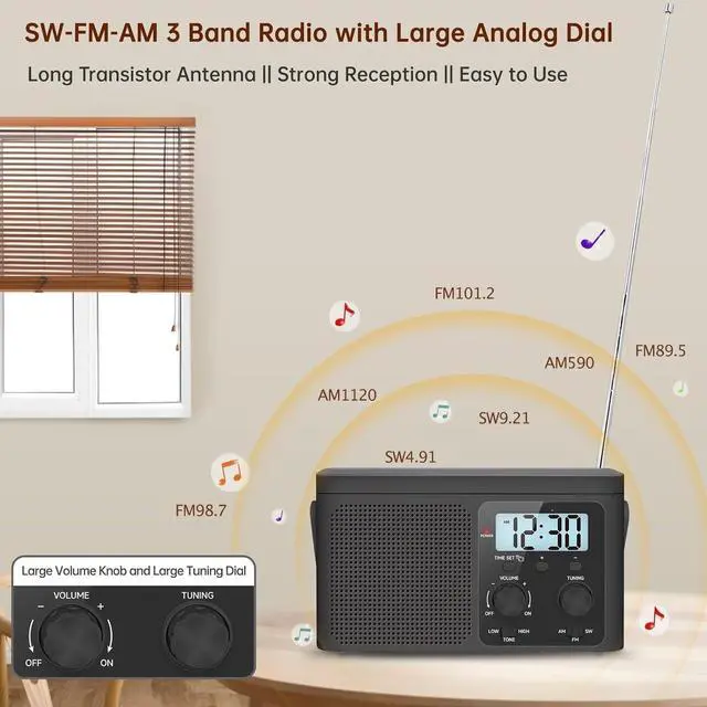 Alt view image 2 of 6 - AM FM Radio Portable - Shortwave Radio Battery Powered or Plug in Wall for Home Outdoor, Strong Reception, Large Dial Easy to Use, Digital Time Display, Transistor Antenna, Seniors Small Gfit