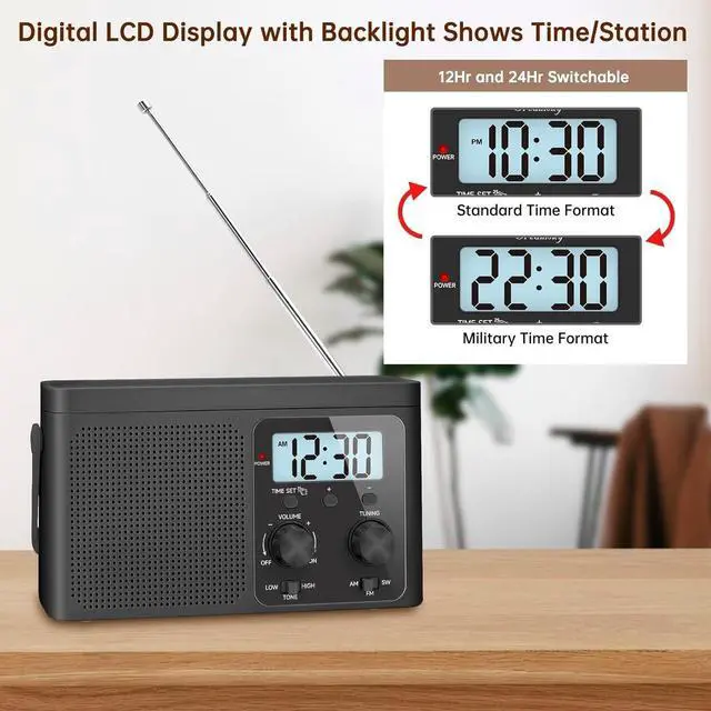 Alt view image 4 of 6 - AM FM Radio Portable - Shortwave Radio Battery Powered or Plug in Wall for Home Outdoor, Strong Reception, Large Dial Easy to Use, Digital Time Display, Transistor Antenna, Seniors Small Gfit