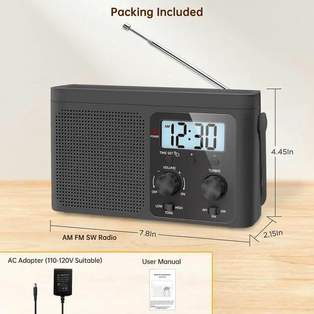Alt view image 6 of 6 - AM FM Radio Portable - Shortwave Radio Battery Powered or Plug in Wall for Home Outdoor, Strong Reception, Large Dial Easy to Use, Digital Time Display, Transistor Antenna, Seniors Small Gfit