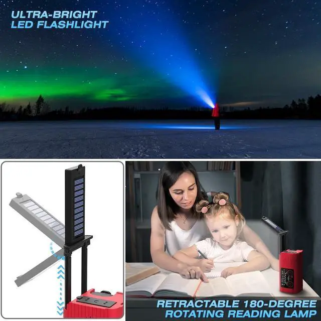 Alt view image 2 of 7 - Emergency Weather Radio, 4000mAh NOAA Weather Alert Radio Solar Charging, Hand Crank & USB Charged, AM/FM with LED Flashlight, Reading Lamp, SOS Alarm, Headphone Jack for Outdoor Indoor