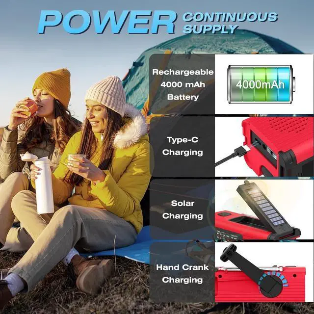 Alt view image 6 of 7 - Emergency Weather Radio, 4000mAh NOAA Weather Alert Radio Solar Charging, Hand Crank & USB Charged, AM/FM with LED Flashlight, Reading Lamp, SOS Alarm, Headphone Jack for Outdoor Indoor