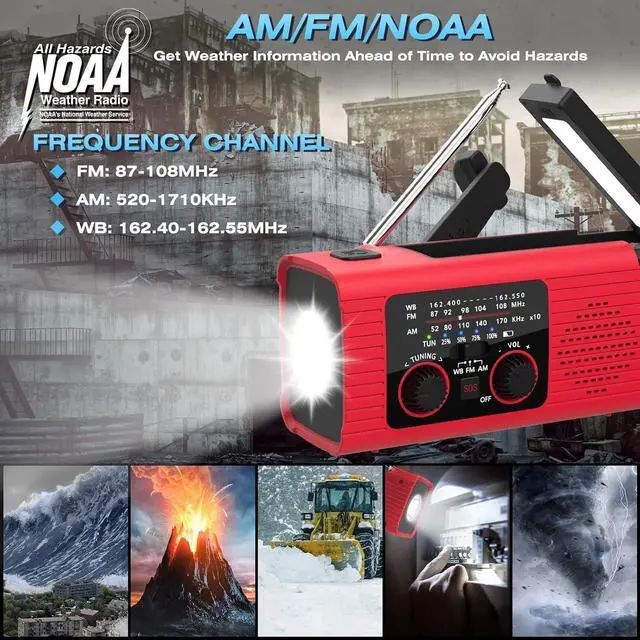 Alt view image 4 of 7 - Emergency Weather Radio, 4000mAh NOAA Weather Alert Radio Solar Charging, Hand Crank & USB Charged, AM/FM with LED Flashlight, Reading Lamp, SOS Alarm, Headphone Jack for Outdoor Indoor