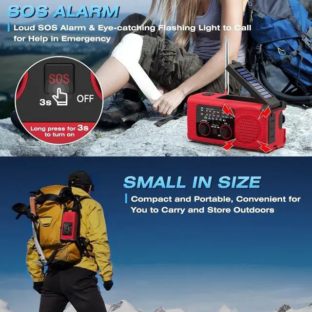 Alt view image 5 of 7 - Emergency Weather Radio, 4000mAh NOAA Weather Alert Radio Solar Charging, Hand Crank & USB Charged, AM/FM with LED Flashlight, Reading Lamp, SOS Alarm, Headphone Jack for Outdoor Indoor