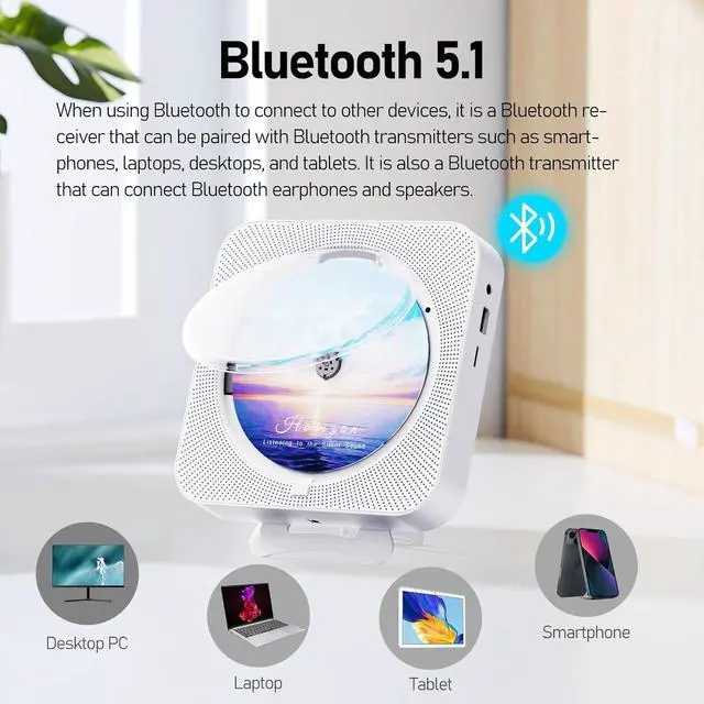 Alt view image 3 of 7 - Bluetooth Portable Home CD Music Player with Remote Control, Timer, Built-in Speakers and LED Display - FM Radio Boombox (White)