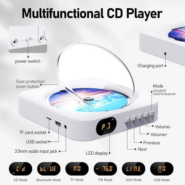 Alt view image 2 of 7 - Bluetooth Portable Home CD Music Player with Remote Control, Timer, Built-in Speakers and LED Display - FM Radio Boombox (White)