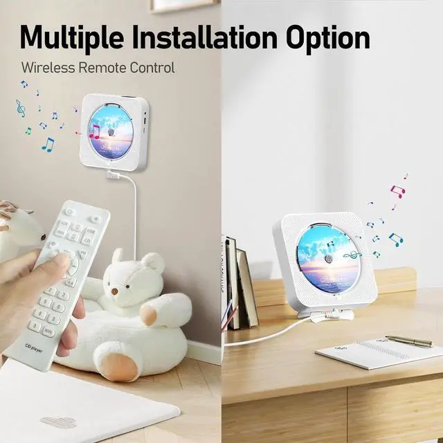 Alt view image 4 of 7 - Bluetooth Portable Home CD Music Player with Remote Control, Timer, Built-in Speakers and LED Display - FM Radio Boombox (White)