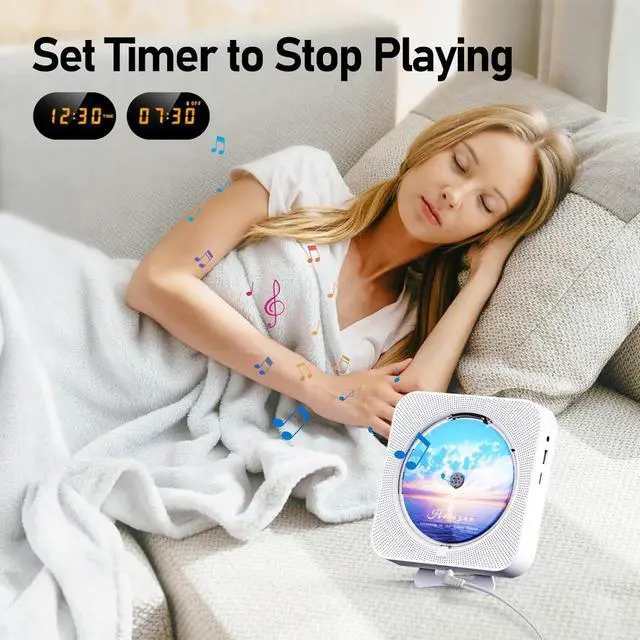 Alt view image 7 of 7 - Bluetooth Portable Home CD Music Player with Remote Control, Timer, Built-in Speakers and LED Display - FM Radio Boombox (White)