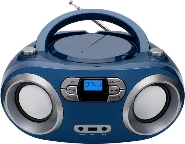 Main image of Portable CD Player Boombox with FM Radio, Bluetooth, USB Port, AUX Input, and Headphone Jack  CD-R/CD-RW/MP3-CD Compatible, Clear Stereo Sound, Backlit LCD Display  Blue Jay