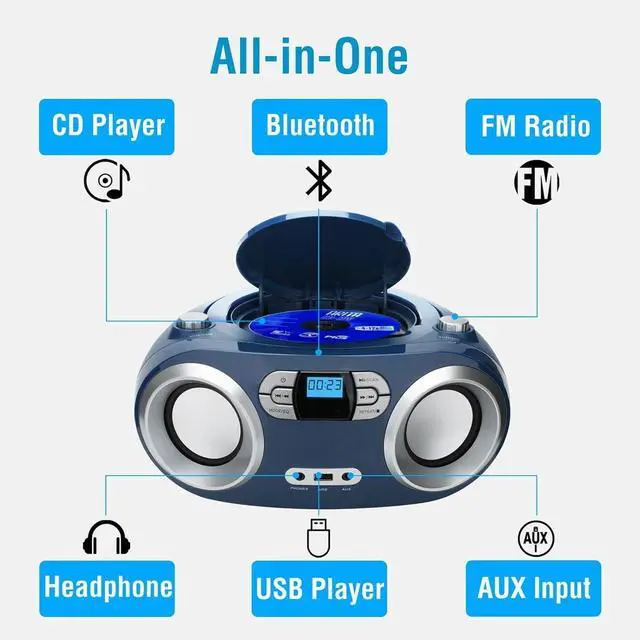 Alt view image 2 of 7 - Portable CD Player Boombox with FM Radio, Bluetooth, USB Port, AUX Input, and Headphone Jack  CD-R/CD-RW/MP3-CD Compatible, Clear Stereo Sound, Backlit LCD Display  Blue Jay