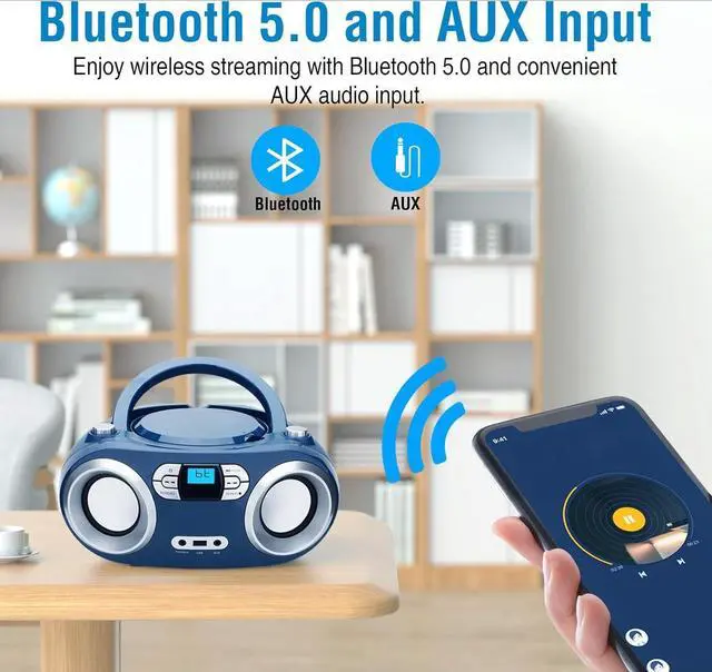 Alt view image 4 of 7 - Portable CD Player Boombox with FM Radio, Bluetooth, USB Port, AUX Input, and Headphone Jack  CD-R/CD-RW/MP3-CD Compatible, Clear Stereo Sound, Backlit LCD Display  Blue Jay