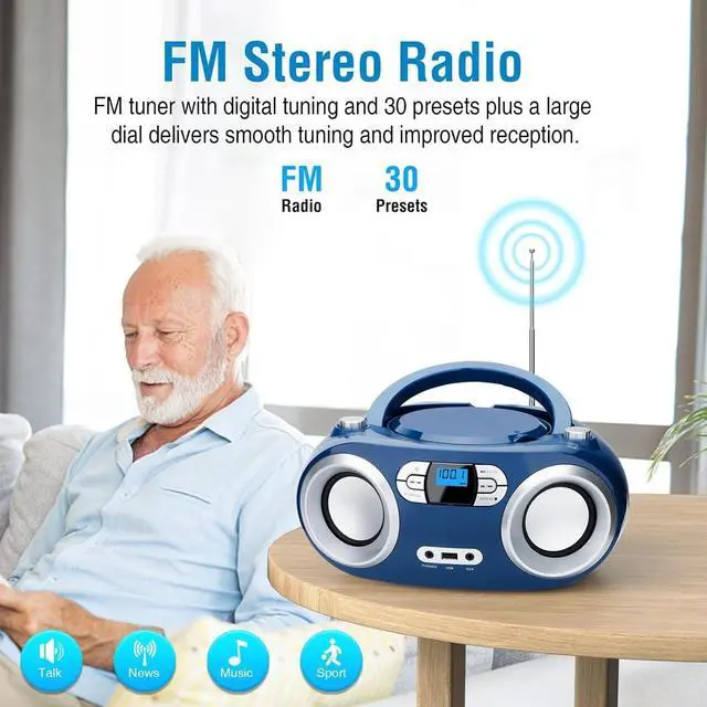 Alt view image 7 of 7 - Portable CD Player Boombox with FM Radio, Bluetooth, USB Port, AUX Input, and Headphone Jack  CD-R/CD-RW/MP3-CD Compatible, Clear Stereo Sound, Backlit LCD Display  Blue Jay