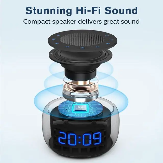 Alt view image 3 of 7 - Bluetooth Speaker Alarm Clock with FM Radio - High Fidelity Sound, Full Range Dimmer, Plugged in Alarm Clock Radio for Bedroom