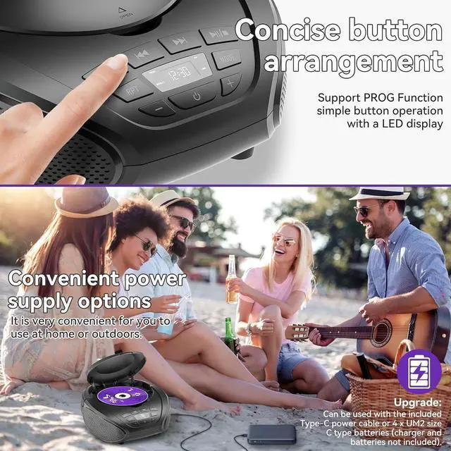 Alt view image 6 of 7 - FOR CD Player Portable Boombox: Radio CD Players Boombox with Speakers FM Radio AUX Input Support Headphones Playlist Mode PROG Playback for Outdoor Indoor Audiobooks with Type-C Power Cable