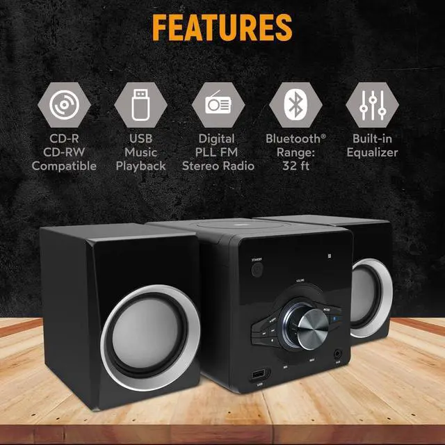 Alt view image 2 of 7 - MM442 3-Piece Top Loading CD Shelf System with Digital PLL FM Stereo Radio, Bluetooth Wireless Technology, and Remote Control in Black | Blue Lights | LED Display | AUX Port Compatible