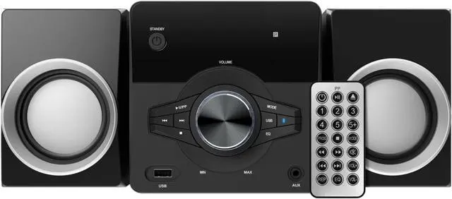 Main image of MM442 3-Piece Top Loading CD Shelf System with Digital PLL FM Stereo Radio, Bluetooth Wireless Technology, and Remote Control in Black | Blue Lights | LED Display | AUX Port Compatible