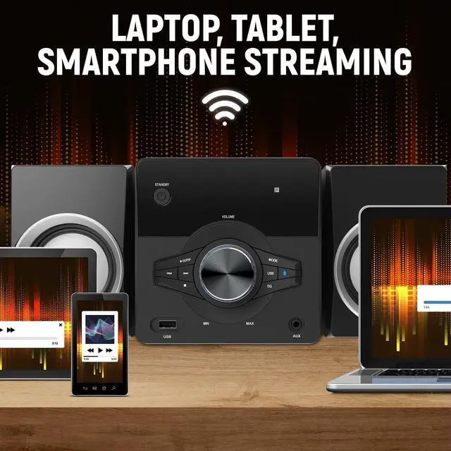 Alt view image 5 of 7 - MM442 3-Piece Top Loading CD Shelf System with Digital PLL FM Stereo Radio, Bluetooth Wireless Technology, and Remote Control in Black | Blue Lights | LED Display | AUX Port Compatible