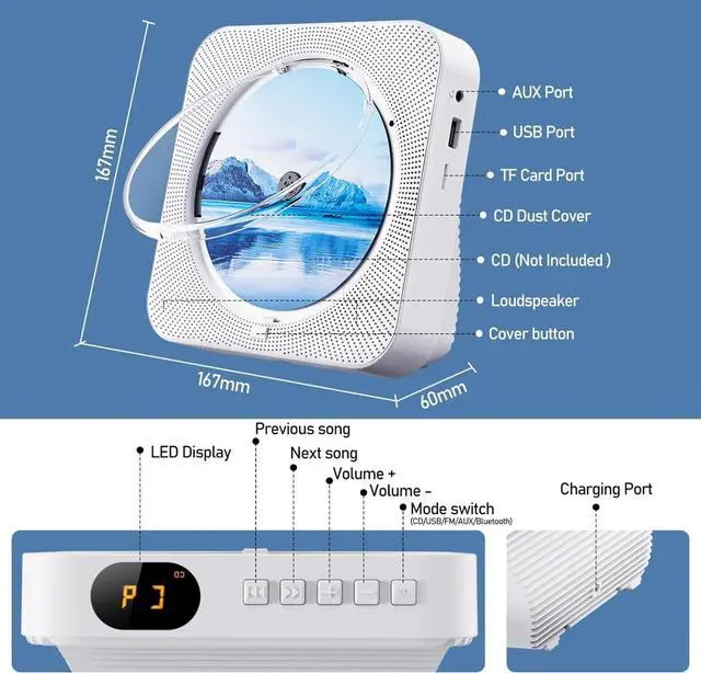 Alt view image 2 of 7 - CD Player Portable Bluetooth 5.1 Desktop CD Player with HiFi Sound Speakers,Remote Control,Dust Cover,LED Display,Boombox FM Radio,USB/AUX for Home,Kids (White)