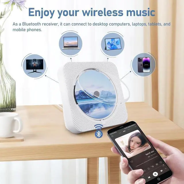 Alt view image 4 of 7 - CD Player Portable Bluetooth 5.1 Desktop CD Player with HiFi Sound Speakers,Remote Control,Dust Cover,LED Display,Boombox FM Radio,USB/AUX for Home,Kids (White)