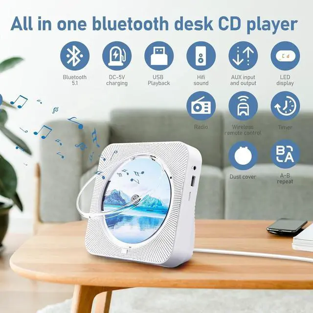 Alt view image 3 of 7 - CD Player Portable Bluetooth 5.1 Desktop CD Player with HiFi Sound Speakers,Remote Control,Dust Cover,LED Display,Boombox FM Radio,USB/AUX for Home,Kids (White)