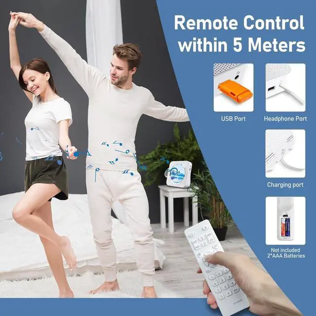 Alt view image 6 of 7 - CD Player Portable Bluetooth 5.1 Desktop CD Player with HiFi Sound Speakers,Remote Control,Dust Cover,LED Display,Boombox FM Radio,USB/AUX for Home,Kids (White)