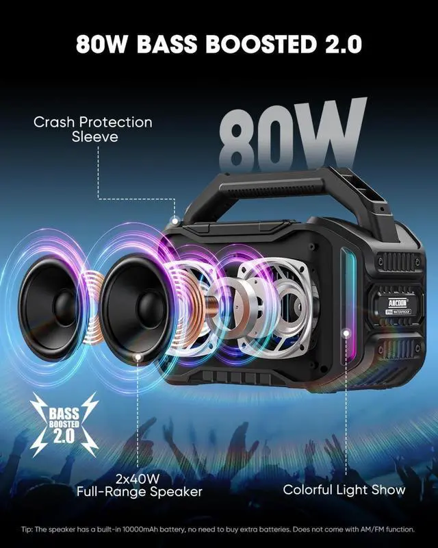 Alt view image 2 of 7 - Speakers Bluetooth Wireless: 80W(Peak) Loud Speaker with Bass, 20H Playtime, IPX6 Waterproof, Large Jobsite Speakers for Work, Outdoor, Workshop, Garage, Portable Speaker with TWS (Black)