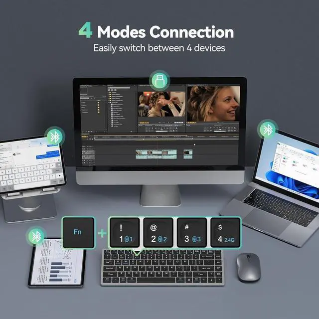 Alt view image 2 of 7 - Bluetooth Keyboard Rechargeable, 4-Device (2.4G+3BT) Wireless Keyboard, Ultra-Slim Quiet Typing, 14 Hotkeys Computer Keyboard for PC/Laptop/Smart TV/Tablet