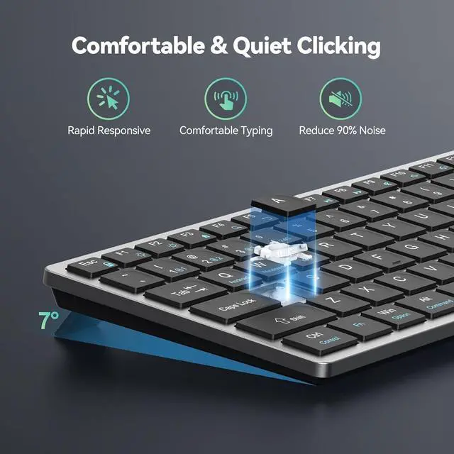 Alt view image 5 of 7 - Bluetooth Keyboard Rechargeable, 4-Device (2.4G+3BT) Wireless Keyboard, Ultra-Slim Quiet Typing, 14 Hotkeys Computer Keyboard for PC/Laptop/Smart TV/Tablet