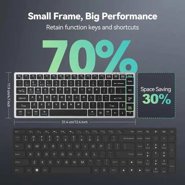 Alt view image 4 of 7 - Bluetooth Keyboard Rechargeable, 4-Device (2.4G+3BT) Wireless Keyboard, Ultra-Slim Quiet Typing, 14 Hotkeys Computer Keyboard for PC/Laptop/Smart TV/Tablet