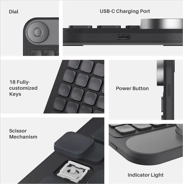 Alt view image 2 of 7 - Keydial Mini Bluetooth Programmable Keypad with Dial 5 Keys Anti-ghosting 18 Customized Keys, Wireless Shortcut Keyboard for Drawing Tablet, PC, MacBook, Surface Pro, Laptops