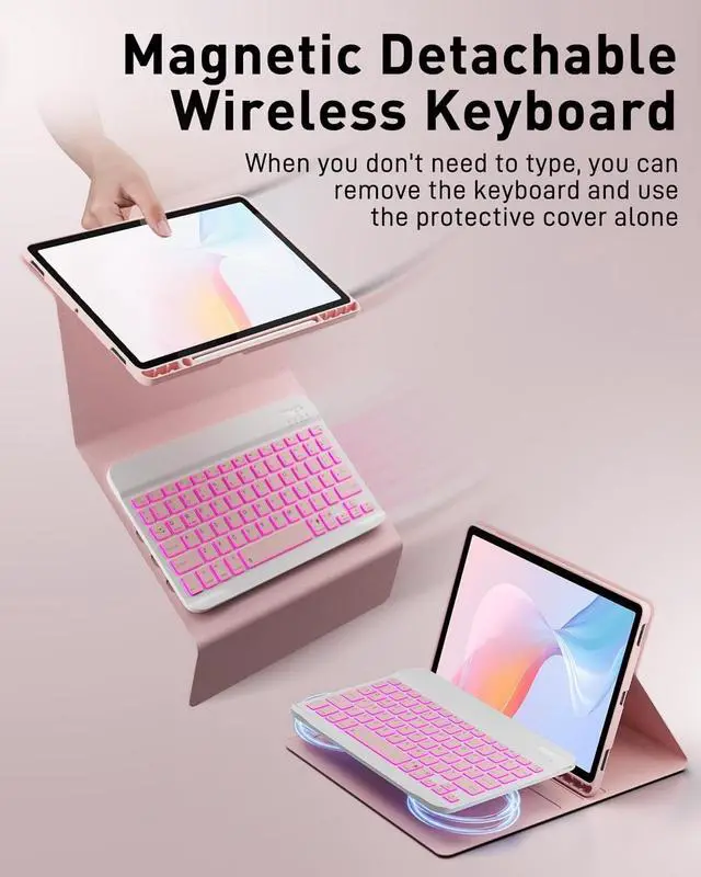 Alt view image 7 of 7 - For iPad A16 11th / 10th Generation Case with Backlit Keyboard - 7 Color Change for iPad 10th Gen 2022 & 11th Gen 2025 A16 10.9/11 inch Cover - Built-in Pencil Holder with Mouse - Pink