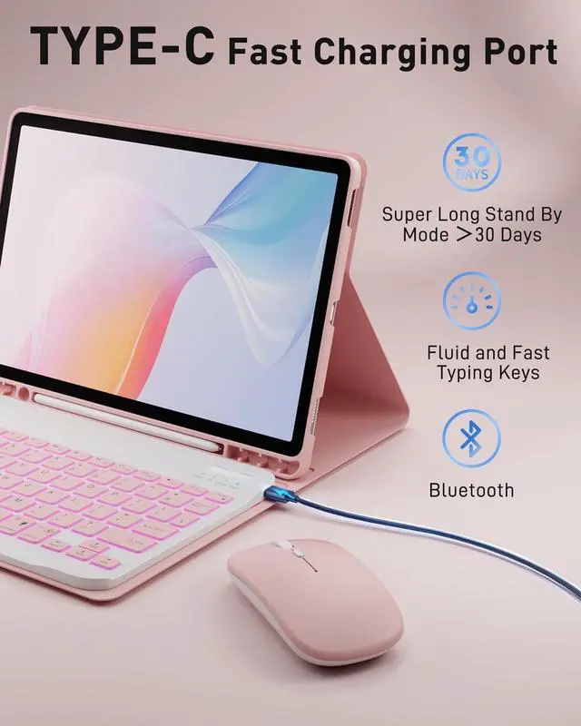 Alt view image 5 of 7 - For iPad A16 11th / 10th Generation Case with Backlit Keyboard - 7 Color Change for iPad 10th Gen 2022 & 11th Gen 2025 A16 10.9/11 inch Cover - Built-in Pencil Holder with Mouse - Pink