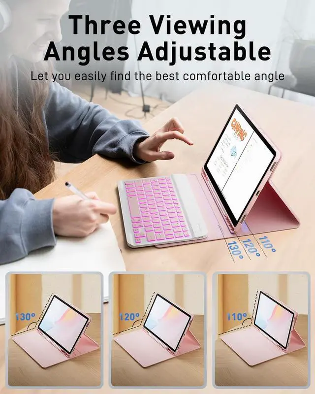 Alt view image 6 of 7 - For iPad A16 11th / 10th Generation Case with Backlit Keyboard - 7 Color Change for iPad 10th Gen 2022 & 11th Gen 2025 A16 10.9/11 inch Cover - Built-in Pencil Holder with Mouse - Pink