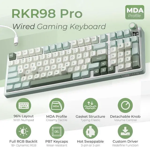 Alt view image 2 of 7 - FOR-R98 Pro Creamy Mechanical Keyboard, 96% Wired Gaming Keyboard RGB Backlit with Number Pad and Volume Knob, Gasket Mount, MDA Profile PBT Keycaps, Hot Swappable Pre-lubed Tactile Switch