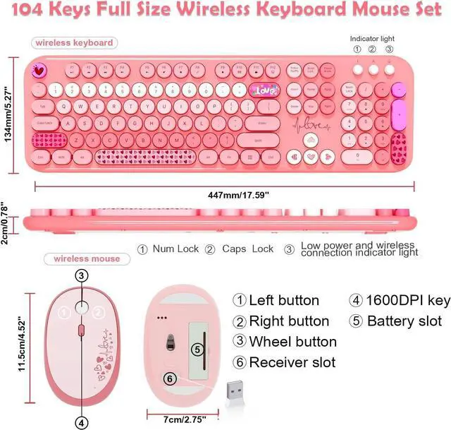 Alt view image 7 of 7 - FOR-Wireless Keyboard Mouse,104 Full Size Cute Colorful Keyboard and Mouse with Retro Typewriter for PC/Mac/Laptop/Tablet/Computer/Windows/Microsoft, Pink