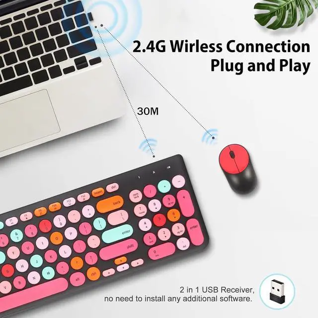 Alt view image 2 of 7 - Wireless Keyboard and Mouse Combo, Retro Typewriter Keyboard with Round Keycaps, 2.4GHz USB Cute Wireless Keyboard Mouse for Computer, Desktop, Laptop and Computer (Black-Colorful)