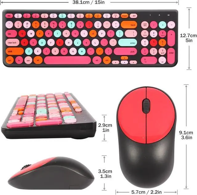 Alt view image 7 of 7 - Wireless Keyboard and Mouse Combo, Retro Typewriter Keyboard with Round Keycaps, 2.4GHz USB Cute Wireless Keyboard Mouse for Computer, Desktop, Laptop and Computer (Black-Colorful)