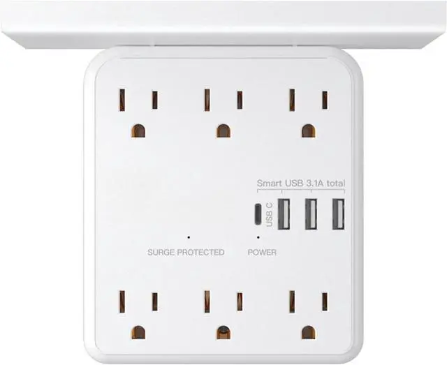 Main image of Power Charger with Shelf, Wall Outlet Extender Surge Protector with 6 AC Outlets, 4 USB Ports(1 USB C) Plug Expander Charger Shelf with Storage for Home, Dorm