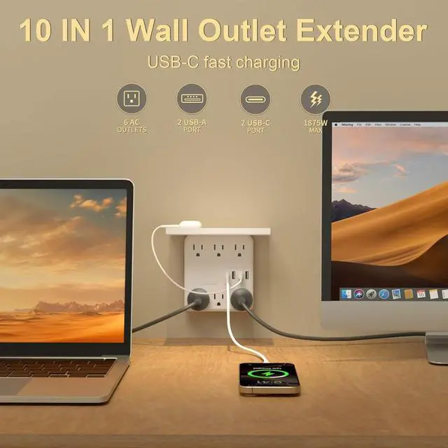 Alt view image 2 of 7 - Power Charger with Shelf, Wall Outlet Extender Surge Protector with 6 AC Outlets, 4 USB Ports(1 USB C) Plug Expander Charger Shelf with Storage for Home, Dorm