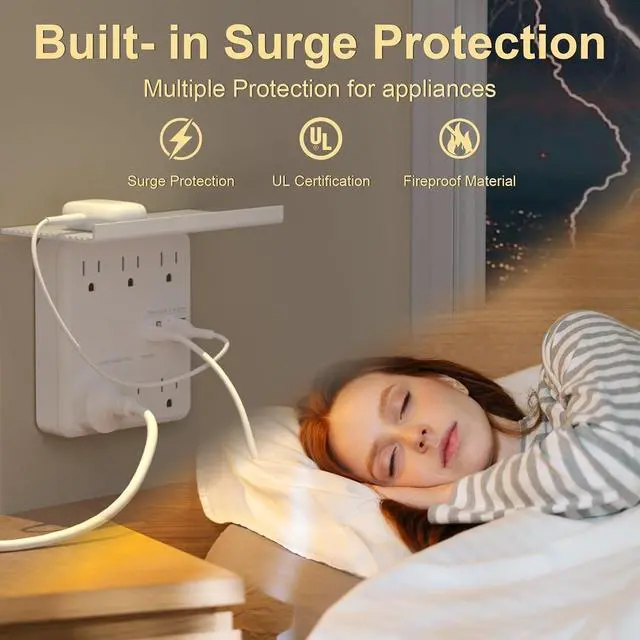 Alt view image 5 of 7 - Power Charger with Shelf, Wall Outlet Extender Surge Protector with 6 AC Outlets, 4 USB Ports(1 USB C) Plug Expander Charger Shelf with Storage for Home, Dorm