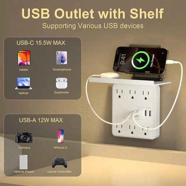 Alt view image 6 of 7 - Power Charger with Shelf, Wall Outlet Extender Surge Protector with 6 AC Outlets, 4 USB Ports(1 USB C) Plug Expander Charger Shelf with Storage for Home, Dorm