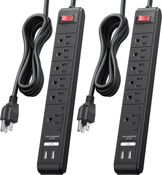 Main image of 2-Pack 6-Outlet Surge Protector Power Strip with USB Ports - 8ft, Long Extension Cord, Surge Protector with USB Ports, Black