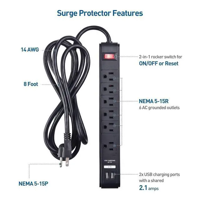 Alt view image 2 of 7 - 2-Pack 6-Outlet Surge Protector Power Strip with USB Ports - 8ft, Long Extension Cord, Surge Protector with USB Ports, Black