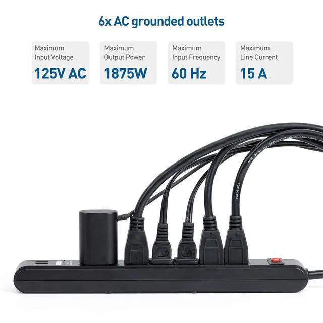 Alt view image 3 of 7 - 2-Pack 6-Outlet Surge Protector Power Strip with USB Ports - 8ft, Long Extension Cord, Surge Protector with USB Ports, Black