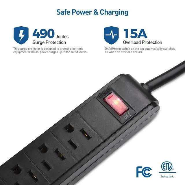 Alt view image 4 of 7 - 2-Pack 6-Outlet Surge Protector Power Strip with USB Ports - 8ft, Long Extension Cord, Surge Protector with USB Ports, Black