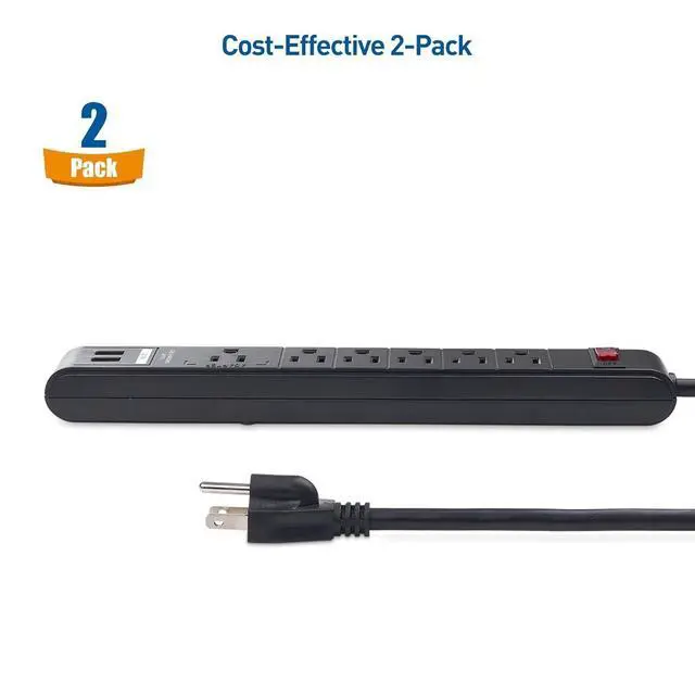 Alt view image 7 of 7 - 2-Pack 6-Outlet Surge Protector Power Strip with USB Ports - 8ft, Long Extension Cord, Surge Protector with USB Ports, Black