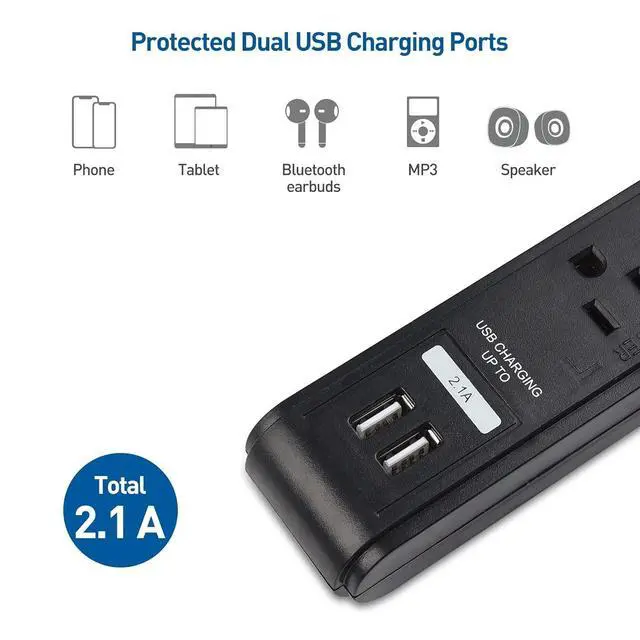 Alt view image 5 of 7 - 2-Pack 6-Outlet Surge Protector Power Strip with USB Ports - 8ft, Long Extension Cord, Surge Protector with USB Ports, Black