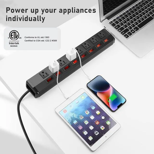 Alt view image 2 of 7 - 8 Outlet Heavy Duty Power Strip with 8 Individual Switches,Moutable Metal Power Strip Surge Protector 1200 Joules,6FT 14AWG Extension Cord,15A 1800W 125V 60Hz